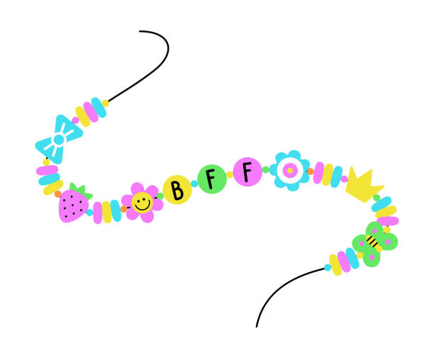 ilustrações de stock, clip art, desenhos animados e ícones de y2k colorful 90s pop art style vintage bracelet. best friends forever beaded accessory design with bff abbreviation. eps 10 vector retro groovy illustration - bff