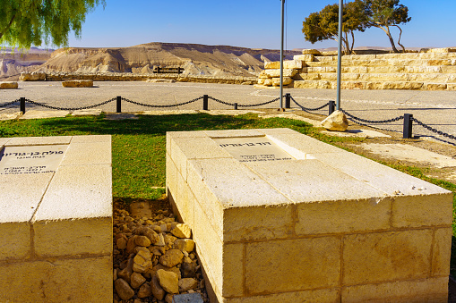 Sde Boker, Israel - August 10, 2023: The grave and memorial of First Prime minister Ben Gurion and his wife Pola, in Sde Boker, the Negev Desert, Southern Israel