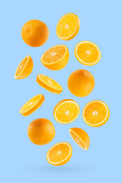 istock Juicy oranges as flow fly or fall as art composition. Whole, half, round slices fruits on pastel blue background with shadow. Tropical fruits for advertising, design, label product, poster, card. 1731304689