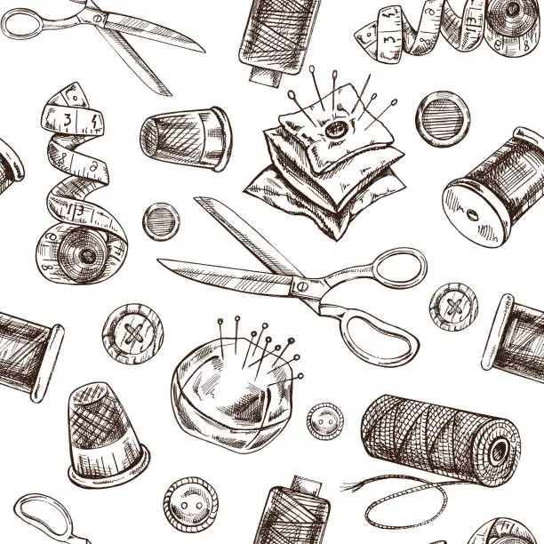 Vector illustration of Seamless pattern of hand drawn sewing elements. Vector illustrations in sketch style. Handmade, sewing equipment concept in vintage doodle style. Engraving style.