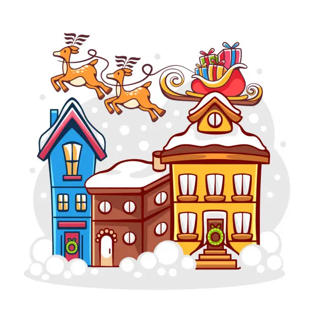 Vector illustration of Vector composition on the theme of winter and Christmas with deers, sleighs and snow-covered houses in a cartoon style.