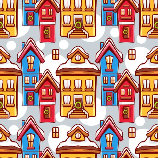 Vector illustration of Vector pattern on the theme of winter and Christmas with snow-covered houses in a cute cartoon style.