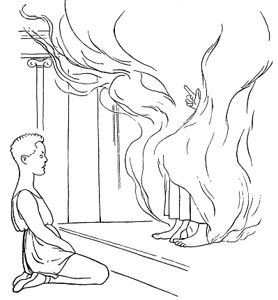 Teenager sits on the ground and looks at the mythological god of fire.
