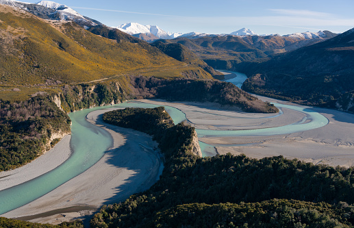 Flying up the Waimakariri River on New Zealand's South Island, heading for the snow-capped peaks of the Southern Alps.