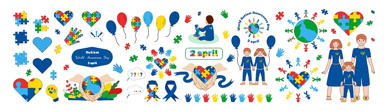 World Autism Awareness Day. Big set vector illustration. Design elements for themes autism. Puzzles, heart, hands, balloon, ribbon, bulb, planet, children, parents, baby, question marks, exclamations.