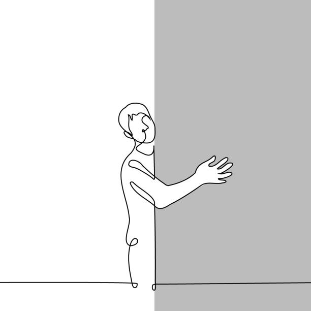 ilustrações de stock, clip art, desenhos animados e ícones de man stands hugging the corner of the wall - one line art vector. concept of intoxication and loss of orientation or loneliness and the desire to hug - intoxication