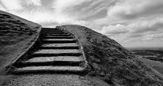 Steps to the summit of British Camp Hill Fort (Herefordshire Beacon) on the Malvern Hills