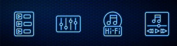 istock Set line Music note, tone, playlist, Sound mixer controller and player. Glowing neon icon on brick wall. Vector 1731363808