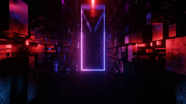 istock 3D render. A neon rectangle flying along the sci-fi corridor. Futuristic illustration 1731368425