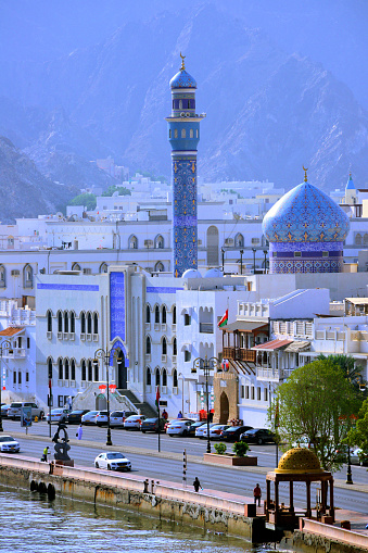Muttrah, Muscat, Oman: the blue domed Mosque of the Great Prophet, Al Rasool Al A'dham aka Al Shjaiah.