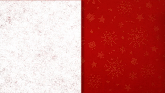 A horizontal dark red and grunge white bright label, poster or greeting card template. Can be used as Christmas festive wallpaper, background, postcard, poster, cards templates, labels or gift wrapping sheets. There are snowflake shapes , stars and swirls pattern watermark on the red half and textured white.