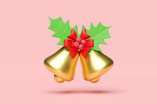 golden color Jingle bell with red bow, holly berry leaves isolated on pink background. merry christmas and happy new year, 3d render illustration