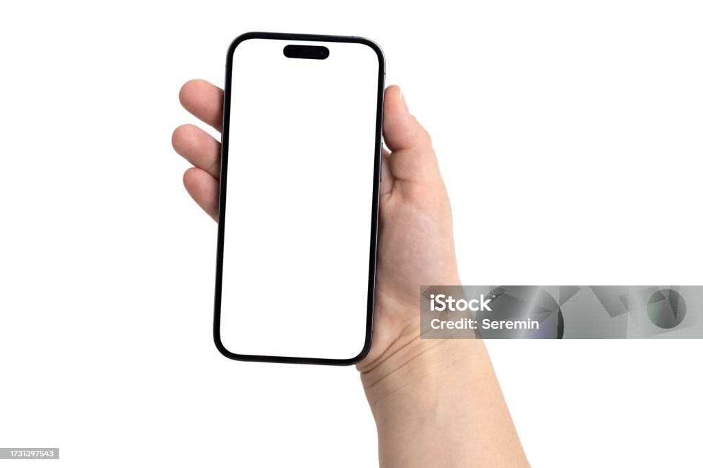 Smartphone with a blank screen on a white background. Smartphone with a blank screen on a white background. Smartphone mockup in hand close up isolated on white background. Brand Name Smart Phone Stock Photo