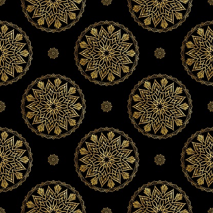 Illustration mandala floral with gold textured seamless pattern on black background. Use for textile, home decoration elements, upholstery, wrapping, etc