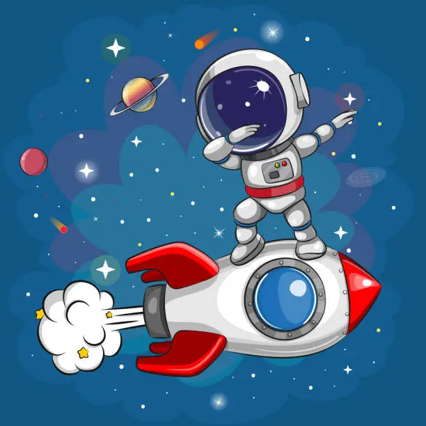 Vector illustration of Cartoon dancing astronaut on the rocket on a space background