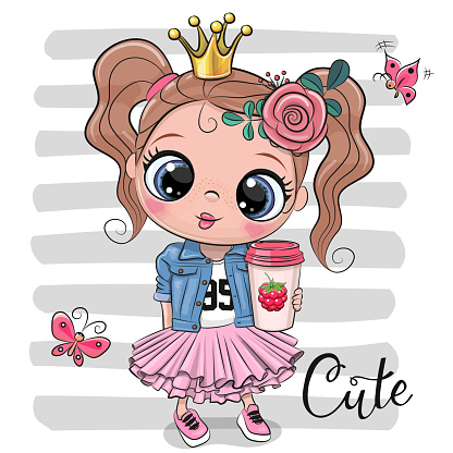 Cute Cartoon Little Princess in a denim jacket and isilated on a stripes background