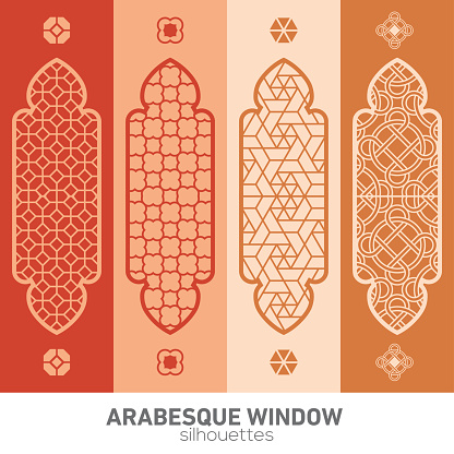 Arabesque window silhouettes. Vector symbol traditional islamic arches. Arabic traditional architecture. Ramadan Kareem design element. Geometric Ornament Arabic Pattern.