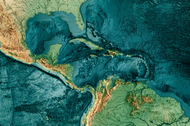 3D Render of a Topographic and Bathymetric Map of the Caribbean Sea, Central America. \nAll source data is in the public domain.\nColor texture: Made with Natural Earth.\nhttp://www.naturalearthdata.com/downloads/10m-raster-data/10m-cross-blend-hypso/\nRelief texture: ETOPO 2022 data courtesy of USGS. URL of source image:\nhttps://www.ncei.noaa.gov/products/etopo-global-relief-model \nWater texture: SRTM Water Body SWDB: https://dds.cr.usgs.gov/srtm/version2_1/SWBD/