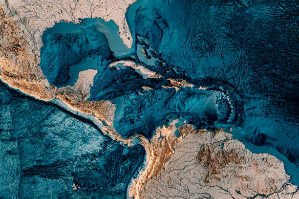 3D Render of a Topographic Map of the Caribbean Sea, Central America. All source data is in the public domain.Color texture: Made with Natural Earth.http://www.naturalearthdata.com/downloads/10m-raster-data/10m-cross-blend-hypso/Relief texture: ETOPO 2022 data courtesy of USGS. URL of source image:https://www.ncei.noaa.gov/products/etopo-global-relief-model Water texture: SRTM Water Body SWDB: https://dds.cr.usgs.gov/srtm/version2_1/SWBD/