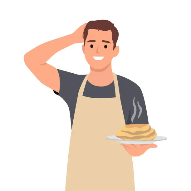 Vector illustration of Smiling young man ready to having tasty pancake. eating pancakes.