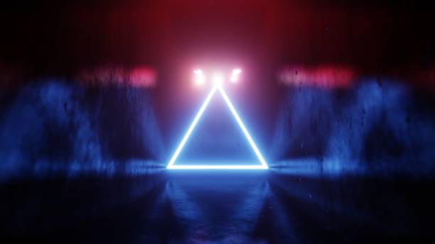 istock Blue neon triangle in a room with light reflection on the walls, 3d render 1731444348