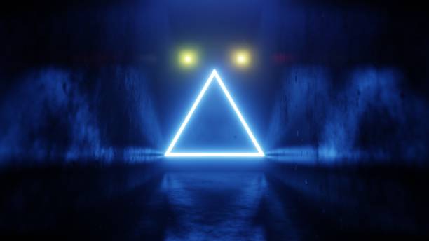 istock Blue neon triangle in a room with light reflection on the walls, 3d render 1731444359