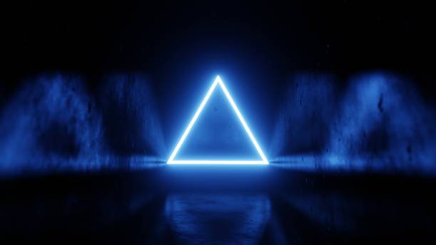 istock Blue neon triangle in a room with light reflection on the walls, 3d render 1731444877