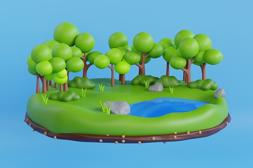 Forest scene with little pond 3d illustration. Pond surrounded by green grass in the middle of the forest