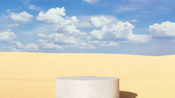 istock A cylindrical podium in the desert against a blue sky with clouds 1731452631