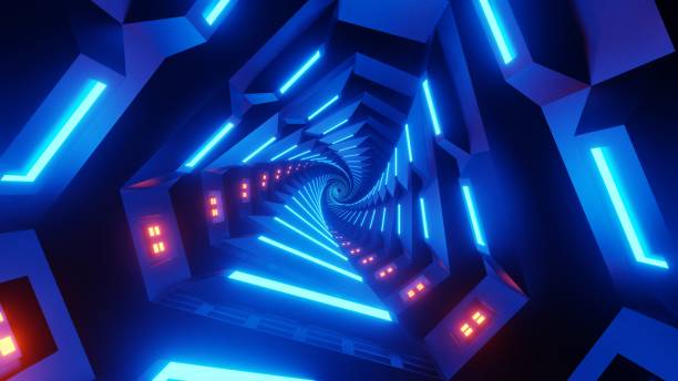 istock Flight in abstract twirle sci-fi tunnel 3d render. Futuristic VJ motion graphics for music video, EDM club concert, high tech background. Portal, lightspeed hyperspace concept 1731454970