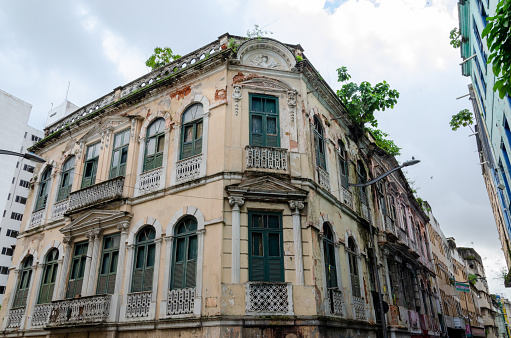 Salvador, Bahia, Brazil - June 09, 2015: View of the facade of old buildings in the Comercio neighborhood in the city of Salvador in Bahia.