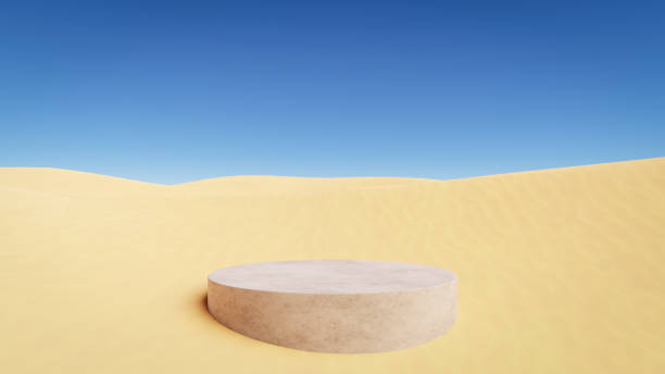 istock Stone cube podium on a desert landscape. Product display plateform template. 3D render illustration 1731458421