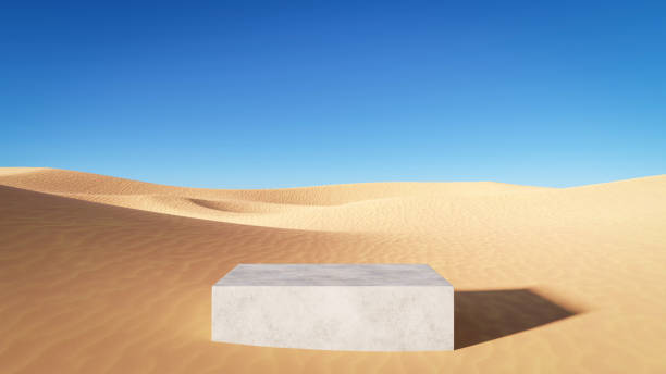 istock Stone cube podium on a desert landscape. Product display plateform template. 3D render illustration 1731458430