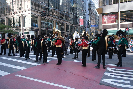 Manhattan, New York City, USA-October 9, 2023: Music bands are lining up at Fifth Ave in New York City for the Colombus Day parade.