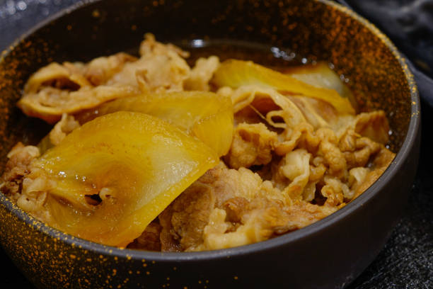 gyudon-schüssel mit reis und rindfleisch - kyoto protokoll stock-fotos und bilder