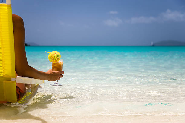 woman relaxing with a tropical drink on a perfect beach