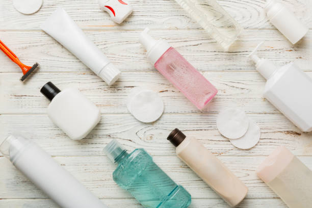 istock Mockup for bathing products top view flat lay, spa razor, toothpaste, soap, gel and other various accessories. Cosmetics for skin health. Bath Mockup for your logo 1731465338