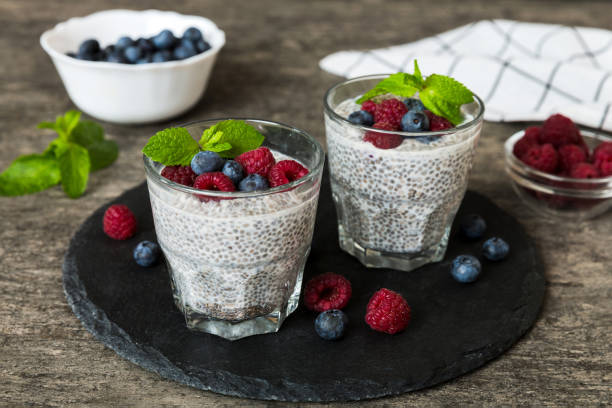 istock Healthy breakfast or morning with chia seeds vanilla pudding raspberry and blueberry berries on table background, vegetarian food, diet and health concept. Chia pudding with raspberry and blueberry 1731465358