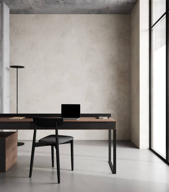 istock Modern minimalistic home office workplace with PC and black chair, 3d rendering 1731468784