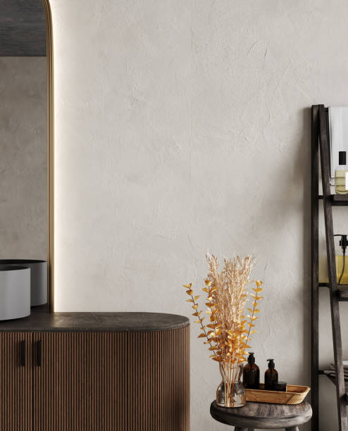 istock Empty plaster wall mock up in modern bathroom with sink, mirror and decorative concrete wall, 3d rendering 1731468798
