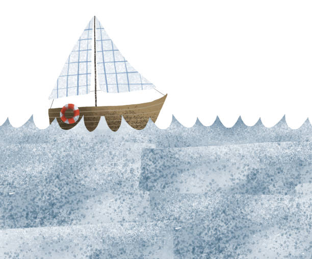 illustrations, cliparts, dessins animés et icônes de vieux yacht en bois avec un voilier blanc sur les vagues de la mer. illustration dessinée à la main mignonne pour enfants. illustration de texture - nautical vessel isolated toy boat wood