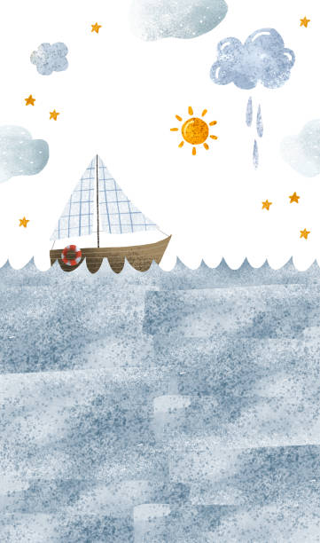 illustrations, cliparts, dessins animés et icônes de illustration verticale avec un joli yacht en bois, voyage fluvial. paysage marin avec des vagues, ciel avec des nuages, des étoiles et du soleil. paysage d’enfants. océanie. illustration isolée - nautical vessel isolated toy boat wood