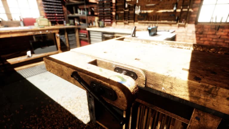 The working desk in wood workshop