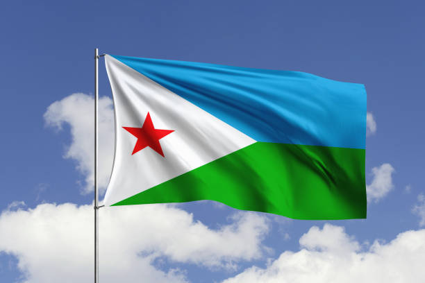3d illustration flag of Djibouti. Djibouti flag isolated on the blue sky with clipping path.
