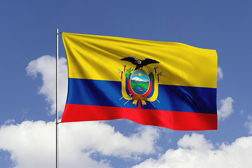 3d illustration flag of Ecuador. Ecuador flag isolated on the blue sky with clipping path.