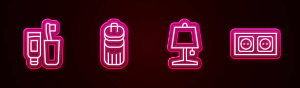 istock Set line Toothbrush and toothpaste, Trash can, Table lamp and Electrical outlet. Glowing neon icon. Vector 1731500356