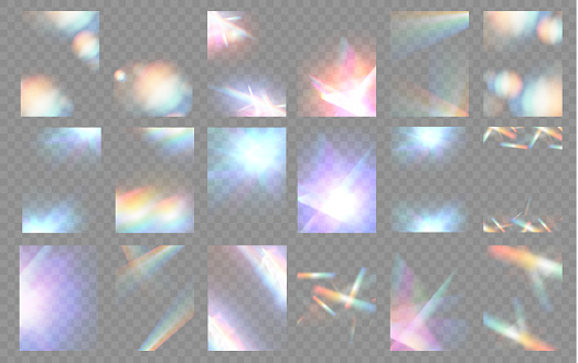 Crystal light glasses effect sparkle prism glare reflection effect. Banner optical rainbow lights, glare, leak, streak overlay. falling confetti. Vector banner colorful vector lenses and light flares.