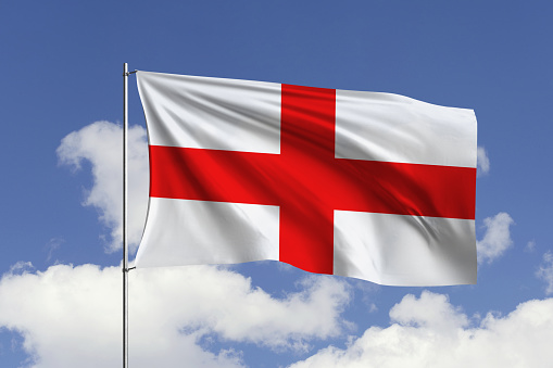 3d illustration flag of England. England flag isolated on the blue sky with clipping path.