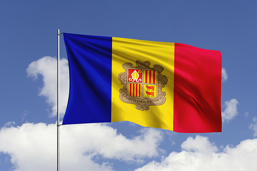 3d illustration flag of Andorra. Andorra flag isolated on the blue sky with clipping path.