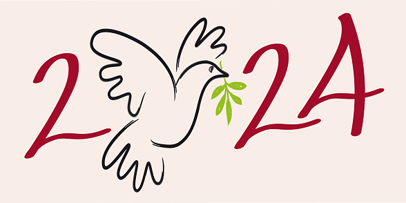 Line illustration of a dove with an olive branch, to wish a year 2024 under the utopian sign of peace in the world.